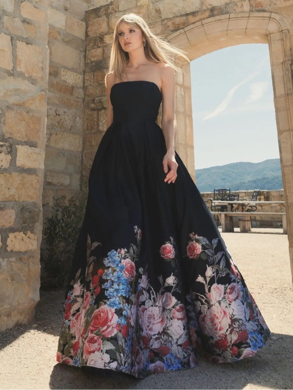 Mac Duggal 11970 Black Strapless Floral Brocade Ballgown